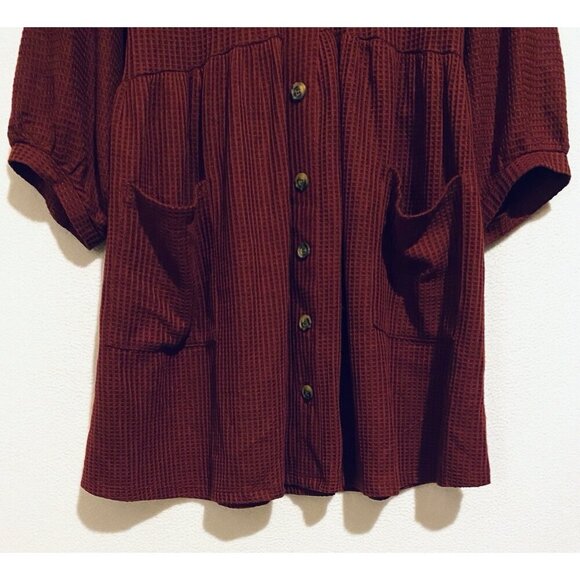 Umgee Dress Womens Large Burgundy Waffle Knit 3/4 Puffy Sleeve Pockets Oversized - Picture 3 of 6